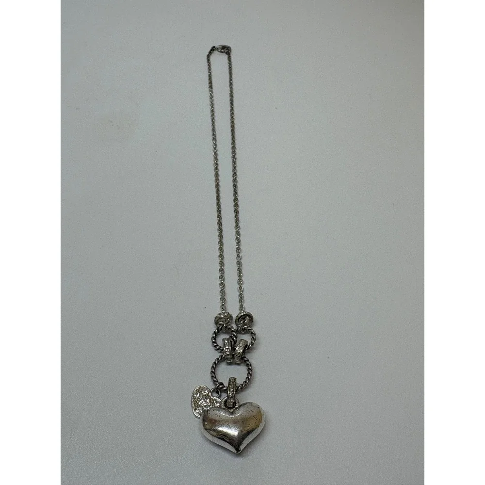 Silver Tone Double Heart Pendant Necklace Rhinestone Accents 18 Inch Chain